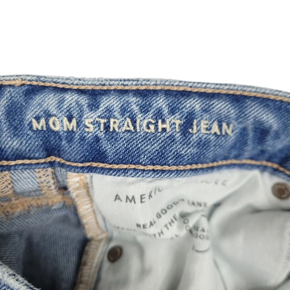 American Eagle Mom Straight Jeans Womens Sz 4 High Rise Distressed Denim Blue